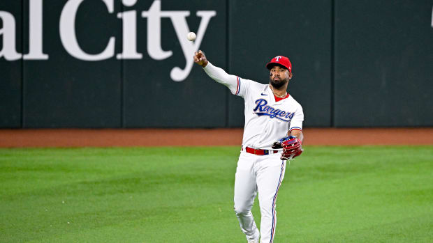 Jun 3, 2023; Arlington, Texas, USA; Texas Rangers left fielder Ezequiel Duran (20) in action during the game between the Texas Rangers and the Seattle Mariners at Globe Life Field. Mandatory Credit: Jerome Miron-USA TODAY Sports