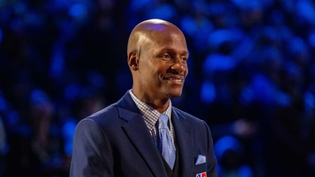 February 20, 2022; Cleveland, Ohio, USA; NBA great Ray Allen is honored for being selected to the NBA 75th Anniversary Team during halftime in the 2022 NBA All-Star Game