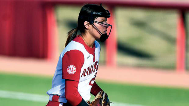 Freshman pitcher Hannah Camenzind faces down No. 3 Tennessee in the series rubber match at Bogle Park. Arkansas won 2-0.