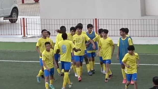 Cristiano Ronaldo Jr pictured (center) celebrating with his teammates after scoring for Al Nassr in a 4-1 win over Ohod in the Saudi U13 Premier League in February 2024