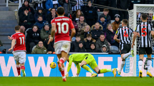 Chris Wood pictured (left) scoring against Newcastle United to complete a hat-trick in a 3-1 win for Nottingham Forest on Boxing Day in 2023
