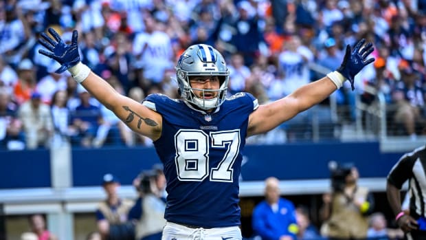 Dallas Cowboys tight end Jake Ferguson celebrates a touchdown during last year's game against the New York Giants.
