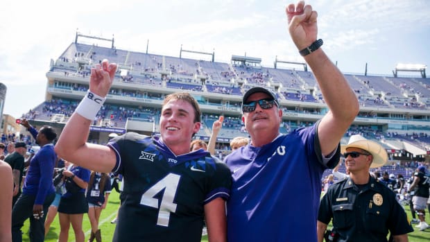 Sep 23, 2023; Fort Worth, Texas, USA; TCU Horned Frogs quarterback Chandler Morris (4) and head coach Sonny Dykes celebrate after the Frogs victory over the SMU Mustangs at Amon G. Carter Stadium. Mandatory Credit: Jerome Miron-USA TODAY Sports
