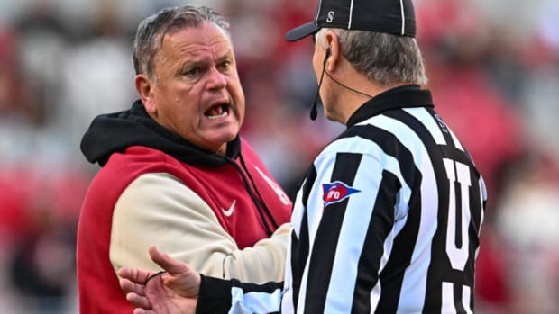 Arkansas coach Sam Pittman argues ejections following a fight that took place with the Missouri Tigers.