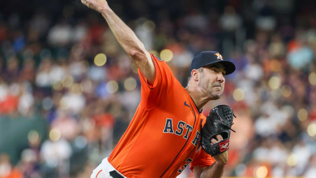 Aug 11, 2023; Houston, Texas, USA; Houston Astros starting pitcher Justin Verlander (35) pitches against the Los Angeles Angels in the first inning at Minute Maid Park. Mandatory Credit: Thomas Shea-USA TODAY Sports  