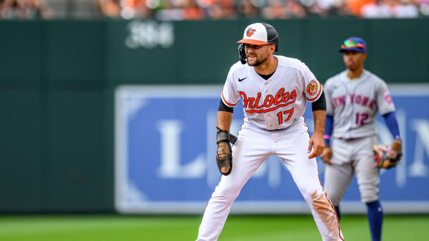 Aug 6, 2023; Baltimore, Maryland, USA; Baltimore Orioles left fielder Colton Cowser (17) takes a lead off of second base during the seventh inning against the New York Mets at Oriole Park at Camden Yards.