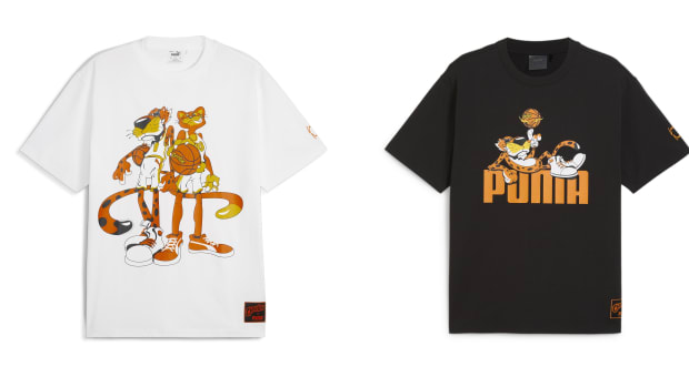 Four orange and black tops from the PUMA x Cheetos collection.