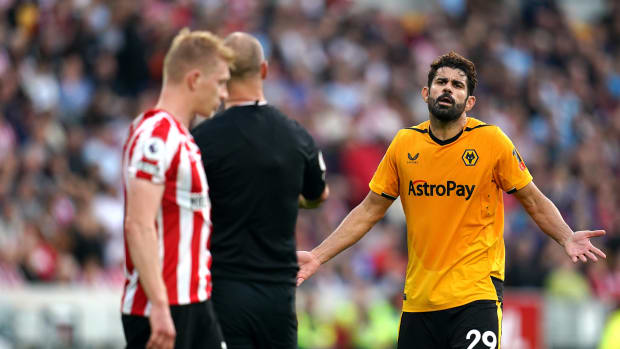 Diego Costa (right) pictured shortly after head-butting Ben Mee (left) during a 1-1 draw between Brentford and Wolves in October 2022