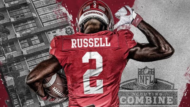 Image of Braylen Russell in an Arkansas Razorback uniform made by the university.