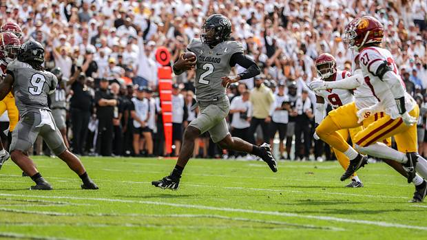 Colorado Buffaloes quarterback Shedeur Sanders for a touchdown against the USC Trojans.