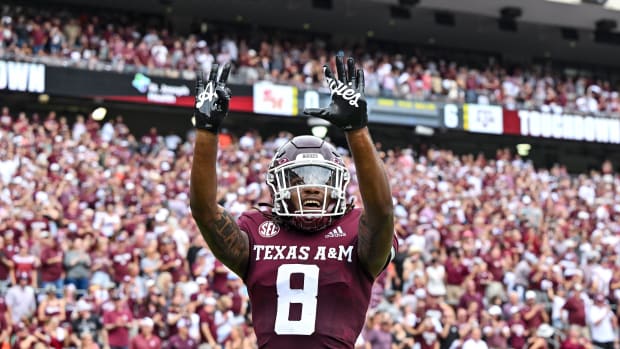 Sep 3, 2022; College Station, Texas, USA; Texas A&M Aggies wide receiver Yulkeith Brown (8) celebrates after his touchdown during the first quarter against the Sam Houston State Bearkats at Kyle Field.