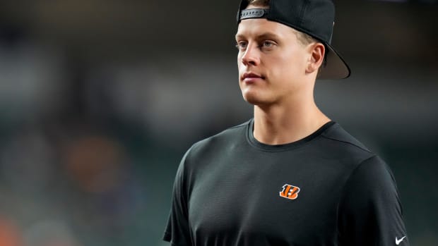 Cincinnati Bengals quarterback Joe Burrow  looks on during a game.