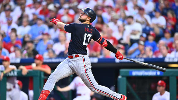 Aug 12, 2023; Philadelphia, Pennsylvania, USA; Minnesota Twins first baseman Joey Gallo (13) hits a home run against the Philadelphia Phillies in the fourth inning at Citizens Bank Park. Mandatory Credit: Kyle Ross-USA TODAY Sports