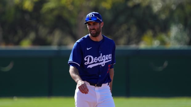 Los Angeles Dodgers shortstop Chris Taylor looks on during a Spring Training workout.