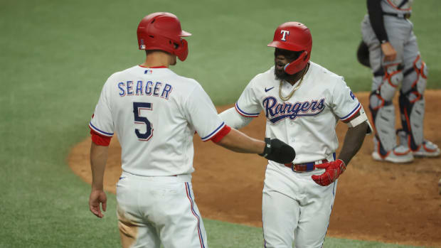 Jun 28, 2023; Arlington, Texas, USA; Texas Rangers right fielder Adolis Garcia (53) celebrates with Texas Rangers shortstop Corey Seager (5) after hitting a two-run home run during the sixth inning against the Detroit Tigers at Globe Life Field. Mandatory Credit: Kevin Jairaj-USA TODAY Sports
