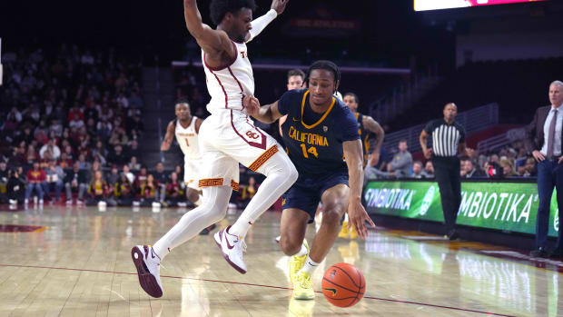 USC Trojans guard Bronny James defends a California Golden Bears player.