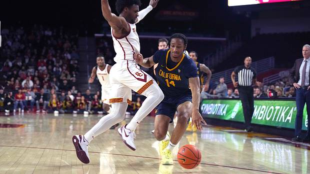 USC Trojans guard Bronny James defends a California Golden Bears player.