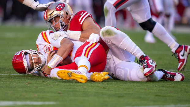 San Francisco 49ers defensive end Nick Bosa sacks Kansas City Chiefs quarterback Patrick Mahomes.