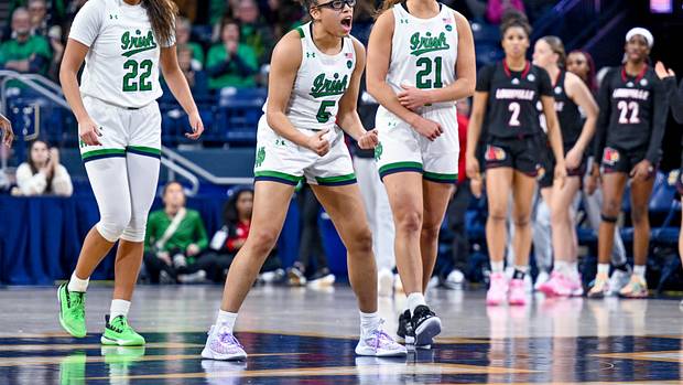 Notre Dame Fighting Irish women's basketball players celebrate after a play.