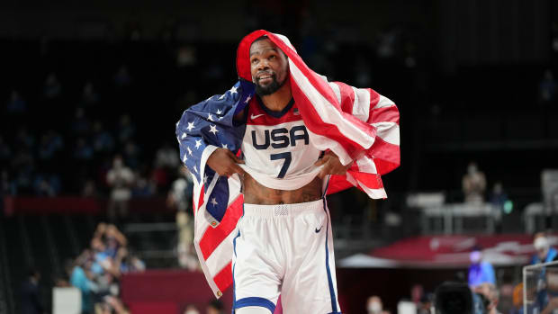 Kevin Durant reacts after winning the gold medal game during the Tokyo 2020 Olympic Summer Games.