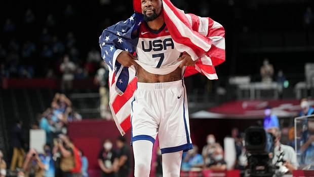 Kevin Durant reacts after winning the gold medal game during the Tokyo 2020 Olympic Summer Games.