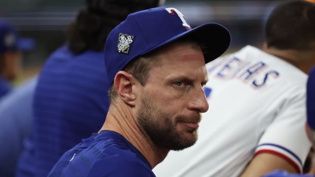 Oct 28, 2023; Arlington, TX, USA; Texas Rangers pitcher Max Scherzer (31) in the dugout in the ninth inning against the Arizona Diamondbacks in game two of the 2023 World Series at Globe Life Field. Mandatory Credit: Kevin Jairaj-USA TODAY Sports  