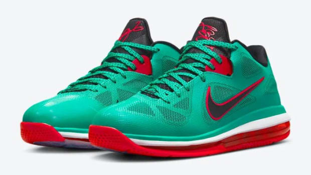 View of green, red, and black Nike LeBron 9 shoes.