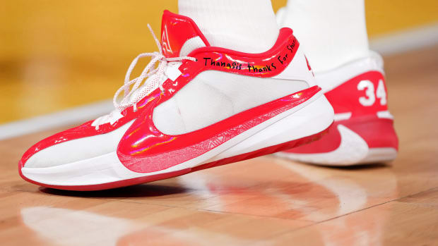Giannis Antetokounmpo's white and red Nike sneakers worn in the 2024 NBA All-Star Game.