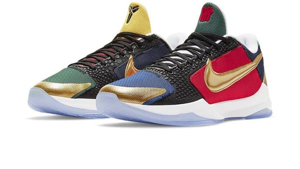 View of multi-color Nike Kobe 5 shoes.