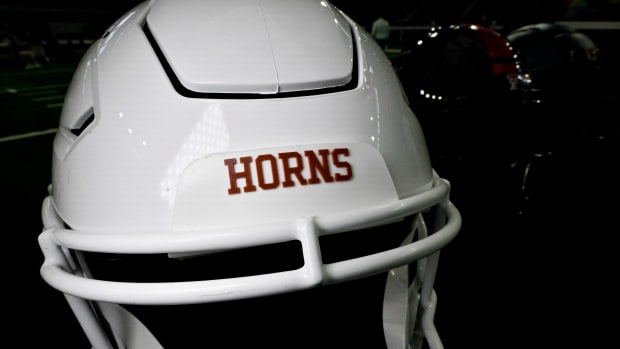 Jul 13, 2023; Arlington, TX, USA; A view of the Texas Longhorns helmet and logo during the Big 12 football media day at AT&T Stadium.