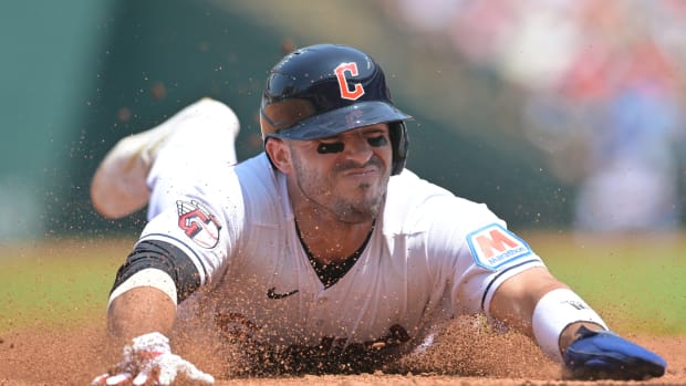 Aug 10, 2023; Cleveland, Ohio, USA; Cleveland Guardians right fielder Ramon Laureano (10) steals third base during the second inning against the Toronto Blue Jays at Progressive Field. Mandatory Credit: Ken Blaze-USA TODAY Sports