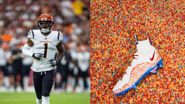 Cincinnati Bengals wide receiver Ja'Marr Chase next to white and orange Nike cleats.