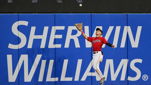 Jul 15, 2022; Cleveland, Ohio, USA; Cleveland Guardians left fielder Steven Kwan (38) catches a ball hit by Detroit Tigers shortstop Javier Baez (not pictured) during the seventh inning at Progressive Field. Mandatory Credit: Ken Blaze-USA TODAY Sports