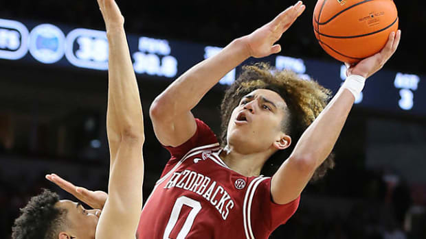 Arkansas guard Anthony Black puts up a shot during an 84-65 Razorback win over Florida. Black is projected to be a lottery pick in the 2023 NBA Draft.