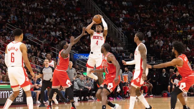 Mar 11, 2023; Houston, Texas, USA; Houston Rockets guard Jalen Green (4) shoots against the Chicago Bulls in the fourth quarter at Toyota Center.