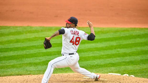 Oct 7, 2022; Cleveland, Ohio, USA; Cleveland Guardians relief pitcher Emmanuel Clase (48) throws a pitch against the Tampa Bay Rays in the ninth inning during game one of the Wild Card series for the 2022 MLB Playoffs at Progressive Field. Mandatory Credit: David Richard-USA TODAY Sports