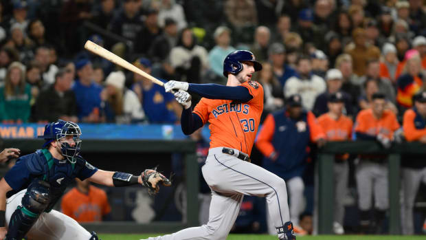 Sep 27, 2023; Seattle, Washington, USA; Houston Astros right fielder Kyle Tucker (30) hits an RBI double against the Seattle Mariners during the seventh inning at T-Mobile Park. Mandatory Credit: Steven Bisig-USA TODAY Sports  