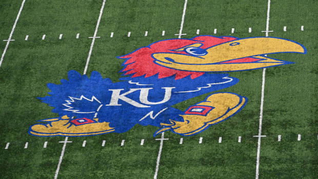 Nov 2, 2019; Lawrence, KS, USA; A general view of the field logo during the second half of the game between the Kansas Jayhawks and Kansas State Wildcats at David Booth Kansas Memorial Stadium. Mandatory Credit: Denny Medley-USA TODAY Sports