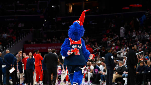 Washington Wizards mascot G-Wiz on the court against the Orlando Magic during the second half at Capital One Arena.