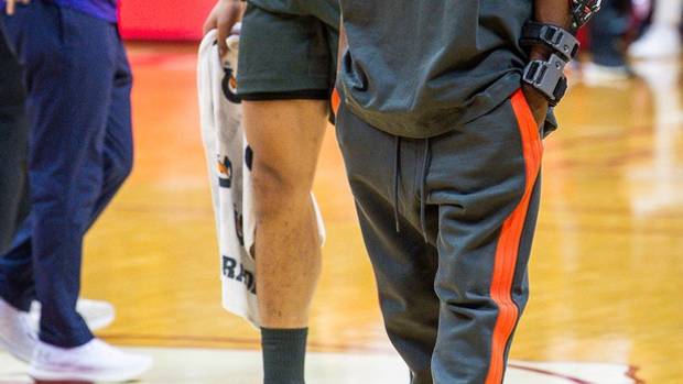 Indiana's Xavier Johnson (0) wears the new Fear of God clothing during warmups before the start of the Indiana versus Northwestern men's basketball game at Simon Skjodt Aseembly Hall on Sunday, Feb. 18, 2024.