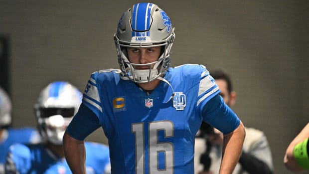 Detroit Lions quarterback Jared Goff enters the field before a game.