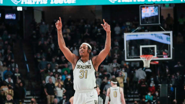 Wake Forest Demon Deacons guard Alondes Williams (31) acknowledges the fans in the closing seconds against the Notre Dame Fighting Irish during the second half at Lawrence Joel Veterans Memorial Coliseum.