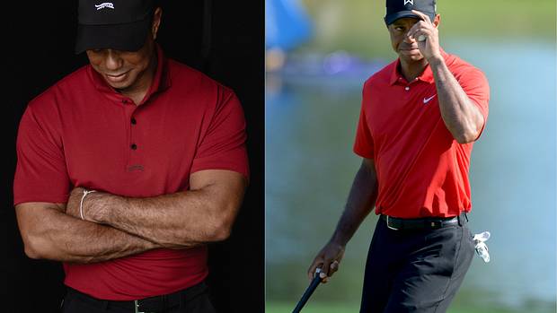 Tiger Woods wearing red and black golf apparel.