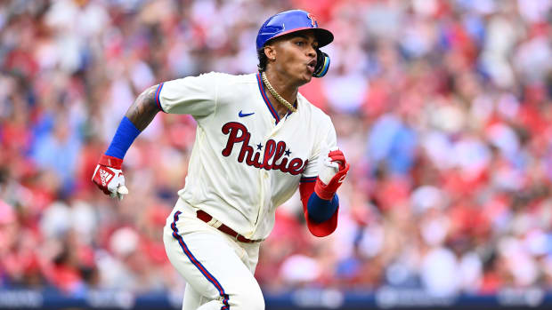 Jul 1, 2023; Philadelphia, Pennsylvania, USA; Philadelphia Phillies outfielder Cristian Pache (19) advances toward first after hitting an RBI double against the Washington Nationals in the third inning at Citizens Bank Park. Mandatory Credit: Kyle Ross-USA TODAY Sports  