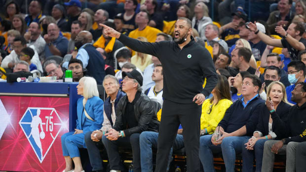 Boston Celtics head coach Ime Udoka (front) gestures from the bench. Kyle Terada-USA TODAY Sports