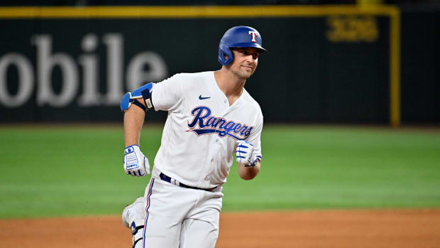 Oct 10, 2023; Arlington, Texas, USA; Texas Rangers first baseman Nathaniel Lowe (30) runs the bases after hitting a solo home run against the Baltimore Orioles in the sixth inning during game three of the ALDS for the 2023 MLB playoffs at Globe Life Field. Mandatory Credit: Jerome Miron-USA TODAY Sports  