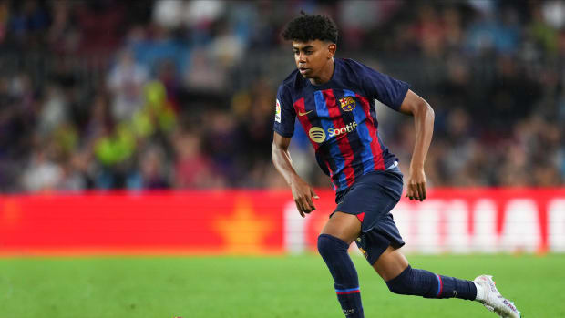 Lamine Yamal pictured during his Barcelona debut aged 15 years and 290 days in April 2023