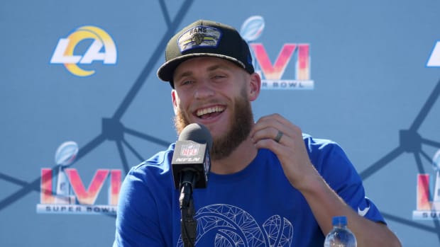 Feb 11, 2022; Thousand Oaks, CA, USA; Los Angeles Rams receiver Cooper Kupp during press conference at Cal Lutheran University. Mandatory Credit: Kirby Lee-USA TODAY Sports