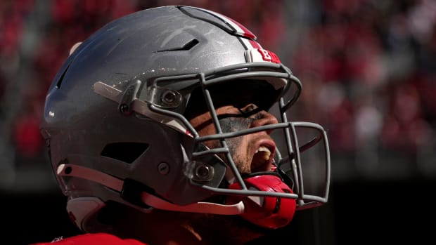 Oct. 7, 2023; Columbus, Oh., USA; Ohio State Buckeyes tight end Cade Stover (8) reacts after scoring a touchdown during the second half of Saturday's NCAA Division I football game against the Maryland Terrapins at Ohio Stadium.  
