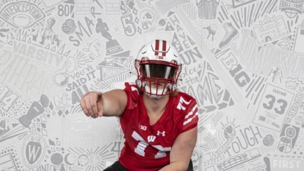 2023 offensive lineman Christopher Terek poses during a visit to Wisconsin back on April 22.